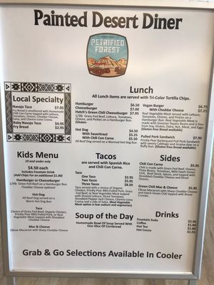 Menu at Painted Desert Diner in Petrified Forest