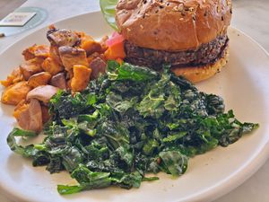 Vegan burger (made using portobello mushrooms), kale salad, sweet potato hash at True Food Kitchen in Houston