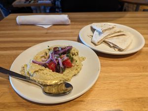 Hummus and pita bread at True Food Kitchen in Houston