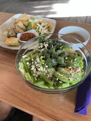 green salad with side of peanut sauce - was lovely but had frozen green blocks (not sure what they were but not to my taste) other than that scrummy😄 at Alkaline Restaurant in Canggu