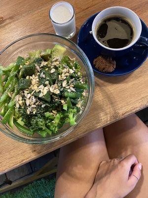 Green Salat + Coffee with peanut butter cookie  at Alkaline Restaurant in Canggu