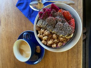 Great cappuccino with oat milk and smoothie bowl   at Alkaline Restaurant in Canggu