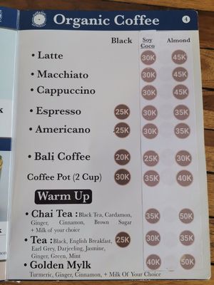 Menu coffee at Alkaline Restaurant in Canggu