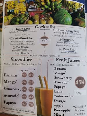 Menu juice at Alkaline Restaurant in Canggu