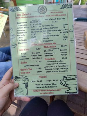 Drinks menu at Herb Garden Cafe in Llandrindod Wells