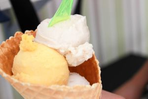 vanilla, coconut and mango ice cream at Heladeria Eco Deleite in Granada