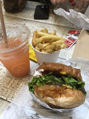 BBQ burger, strawberry lemonade, fries  at VeganBurg in San Francisco