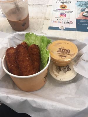 Chick’n Tenders (orange sauce is sriracha aioli) at VeganBurg in San Francisco