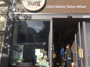 small storefront on busy Haight Street at VeganBurg in San Francisco