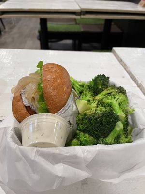 Broccoli and creamy mushroom burger  at VeganBurg in San Francisco