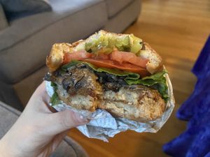 Creamy mushroom burger  at VeganBurg in San Francisco