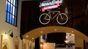 interior with bike on wall at VeganBurg in San Francisco