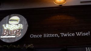 veganburg once bitten, twice wise sign outside at VeganBurg in San Francisco