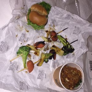 Veggie slider, skewers, and chicken at VeganBurg in San Francisco