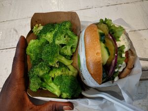 Tangy Tarter and regular broccoli at VeganBurg in San Francisco