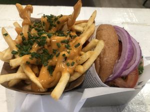 Cheeze fries be warned they are spicy   at VeganBurg in San Francisco