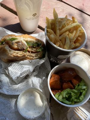 Shrooms burger and sausages  at VeganBurg in San Francisco