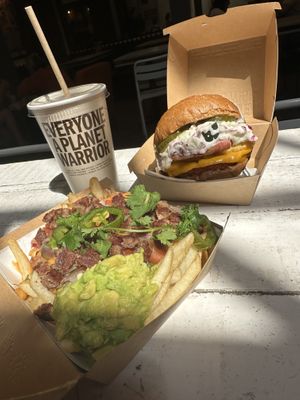Carne Asada Fries and Chick’n Buffalo Burger  at VeganBurg in San Francisco
