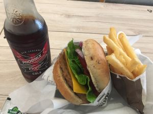 BBQ burger, fries and a coke at VeganBurg in San Francisco