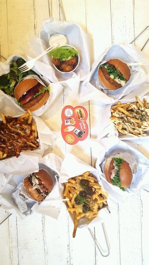 collection of burgers and fries at VeganBurg in San Francisco