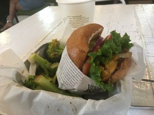 Smokey bbq burger with a side of broccoli at VeganBurg in San Francisco