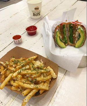 garlic fries and burger at VeganBurg in San Francisco