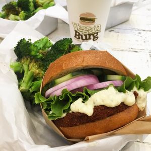 Creamy tartar burger w/ sizzling broccoli  at VeganBurg in San Francisco