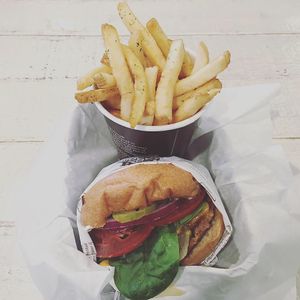 Vegan burger and French fries at VeganBurg in San Francisco