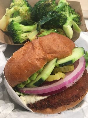 Tangy Tartar with Broccoli side at VeganBurg in San Francisco