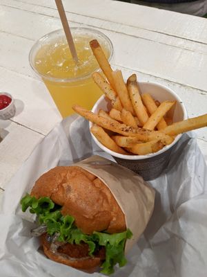 Make it a meal; mango lemonade, large seaweed fries, creamy shrooms burger with avocado and bacon at VeganBurg in San Francisco