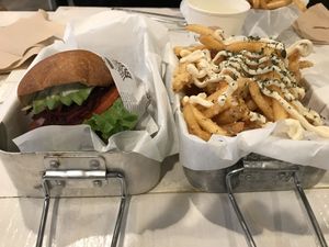 Burger and fries at VeganBurg in San Francisco