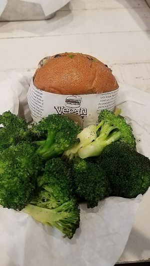 Beetroot Burg and broccoli.  So delicious and fresh! at VeganBurg in San Francisco