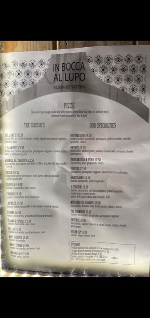 Menu with clear vegan options at In Bocca Al Lupo in Lisbon