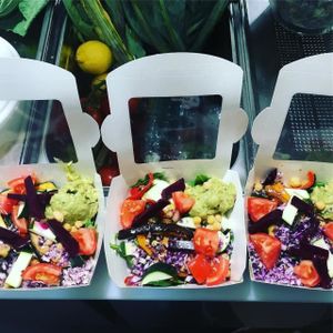 Our Feel Good salads are ready to be taken away in a compostable packaging at The Feel Good Cafe in East London