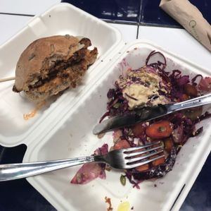 lentil burger meal  at The Feel Good Cafe in East London