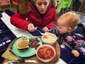 Jenna and Lily enjoying great food at the Feelgood Cafe at The Feel Good Cafe in East London