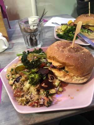 No bull burger and salad  at The Feel Good Cafe in East London