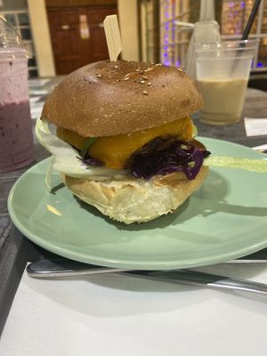 Burger  at The Feel Good Cafe in East London