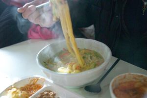 Pumpkin noodle with Perilla seed soup at SaRangBunSik - 사랑분식 in Seoul