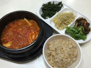 kimchi stew (help yourself to the rice) at SaRangBunSik - 사랑분식 in Seoul
