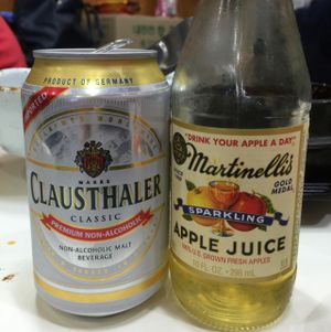 as recommended by a customer - half sparkling apple juice + half non-alcoholic beer = best tasting drink!! at SaRangBunSik - 사랑분식 in Seoul