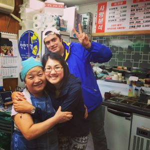 with the ahjumma who owns this place at SaRangBunSik - 사랑분식 in Seoul