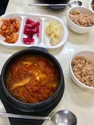 Budae Jjigae "kimchi and spicy sausage stew" at SaRangBunSik - 사랑분식 in Seoul