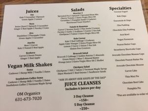 Menu but no prices at OM Organics in Huntington