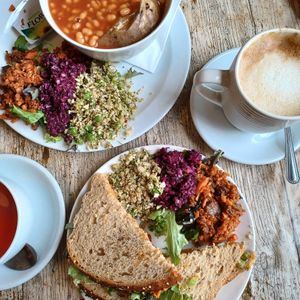 Houmous and red pepper sandwich and jacket potato and beans at The Leaf & Bean in Skipton