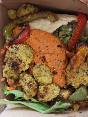 Falafel, hummus, salad pita at The Leaf & Bean in Skipton