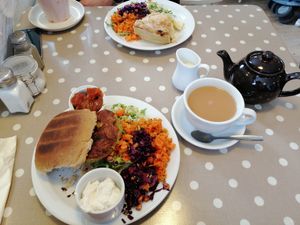 Vegan falafel burger with salad, vegan mayo and a proper cup of tea! at The Leaf & Bean in Skipton