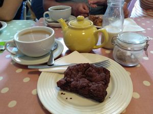 Vegan brownie and Earl Grey with soy milk. at The Leaf & Bean in Skipton