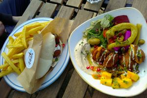 Falafel pita with fries, Buddha bowl (hummus plate)  at Nie Miesny in Gdansk