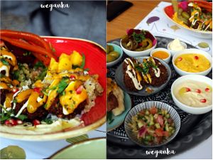 Vegan mezze plate and "power bowl" with falafel, lentils, quinoa and mango sauce. at Nie Miesny in Gdansk